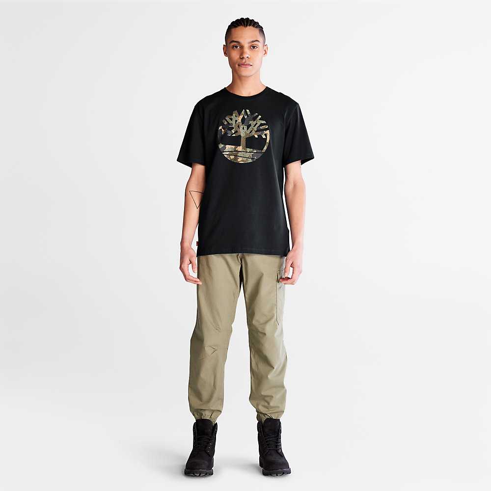 Black Men's Timberland Camo-Logo T Shirts | Israel-1486532