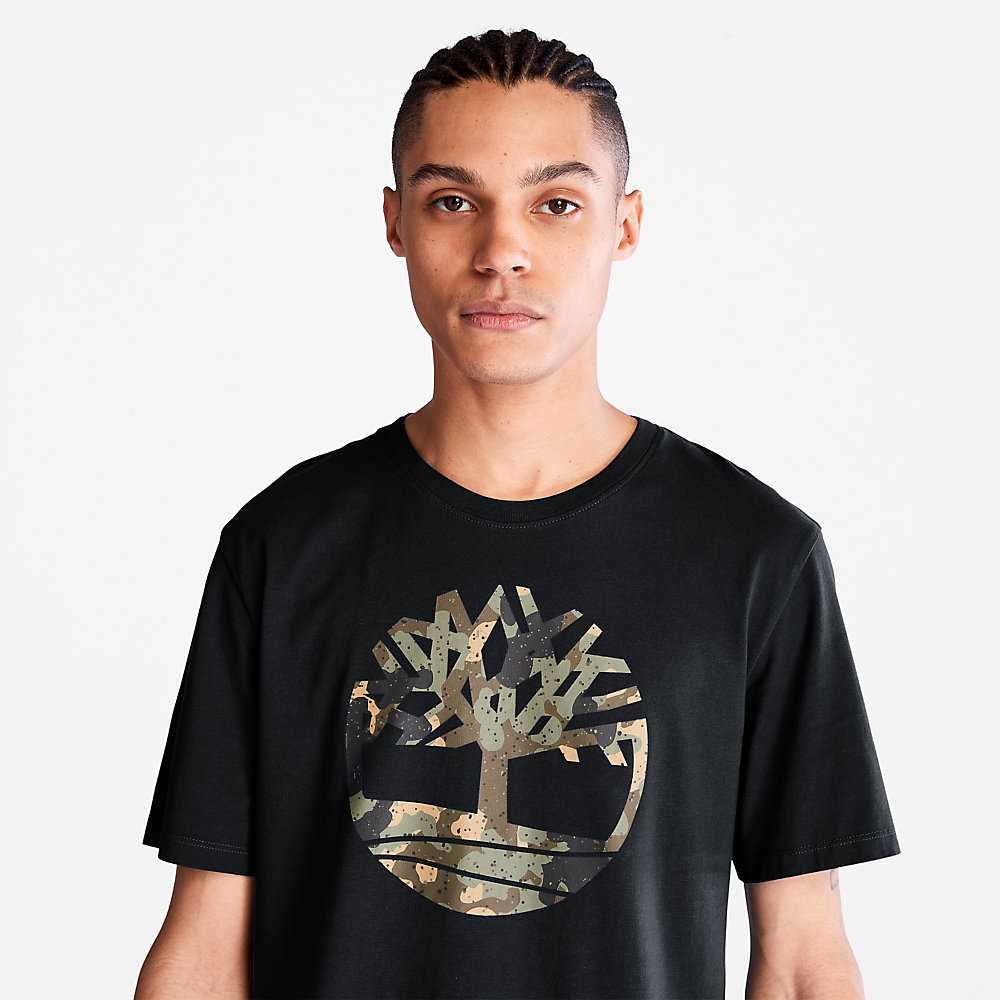 Black Men's Timberland Camo-Logo T Shirts | Israel-1486532