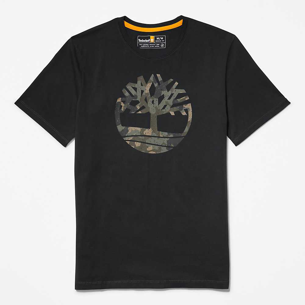 Black Men's Timberland Camo-Logo T Shirts | Israel-1486532