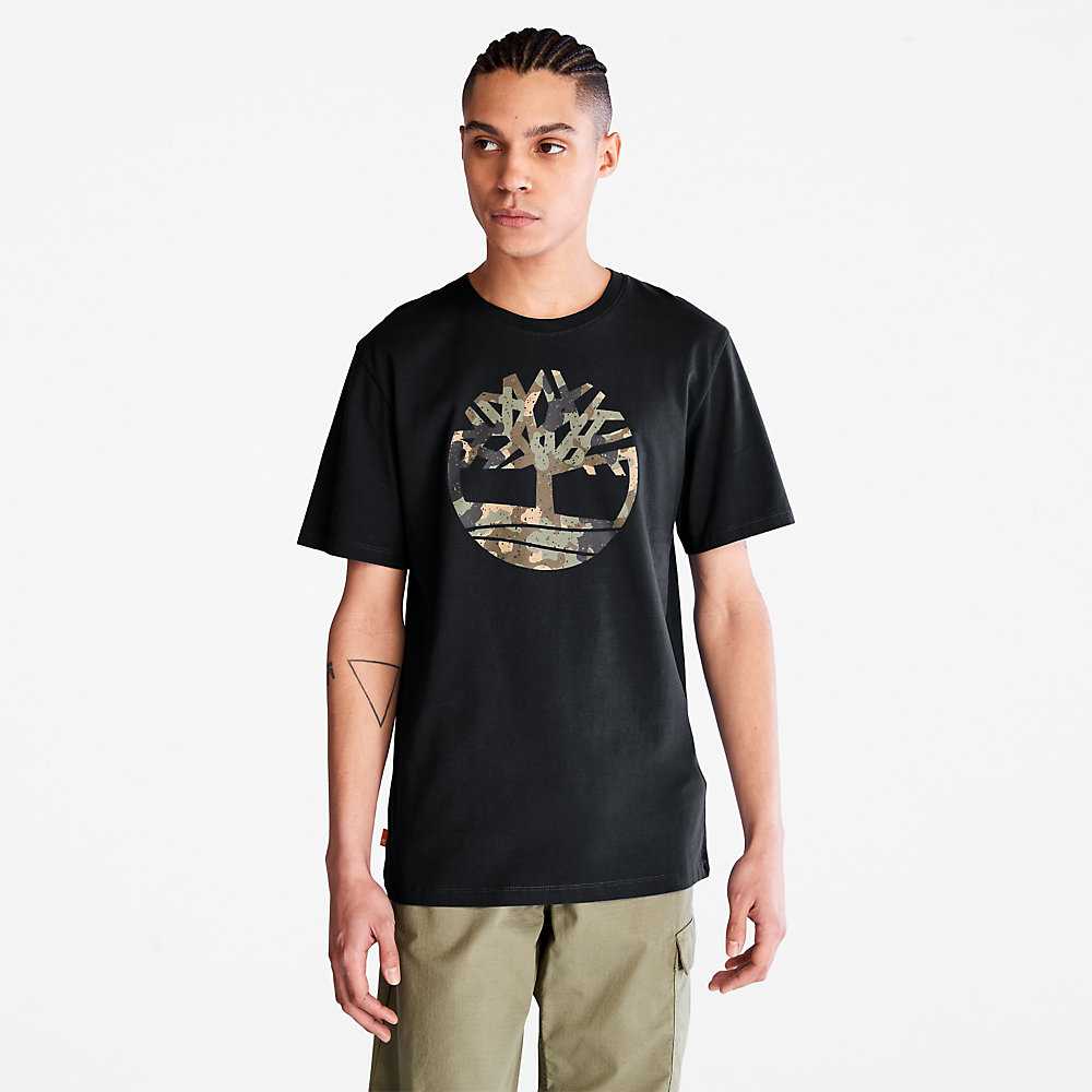 Black Men\'s Timberland Camo-Logo T Shirts | Israel-1486532