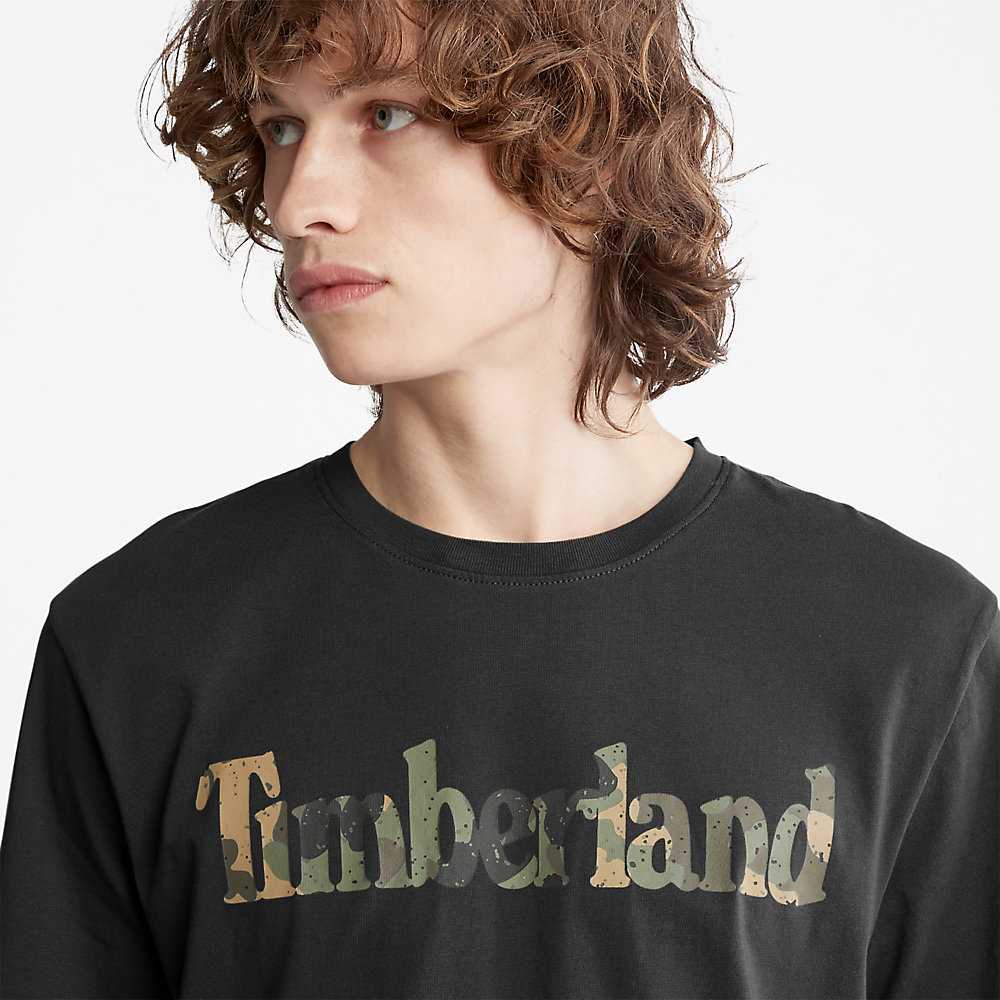 Black Men's Timberland Camo-Logo T Shirts | Israel-1594702