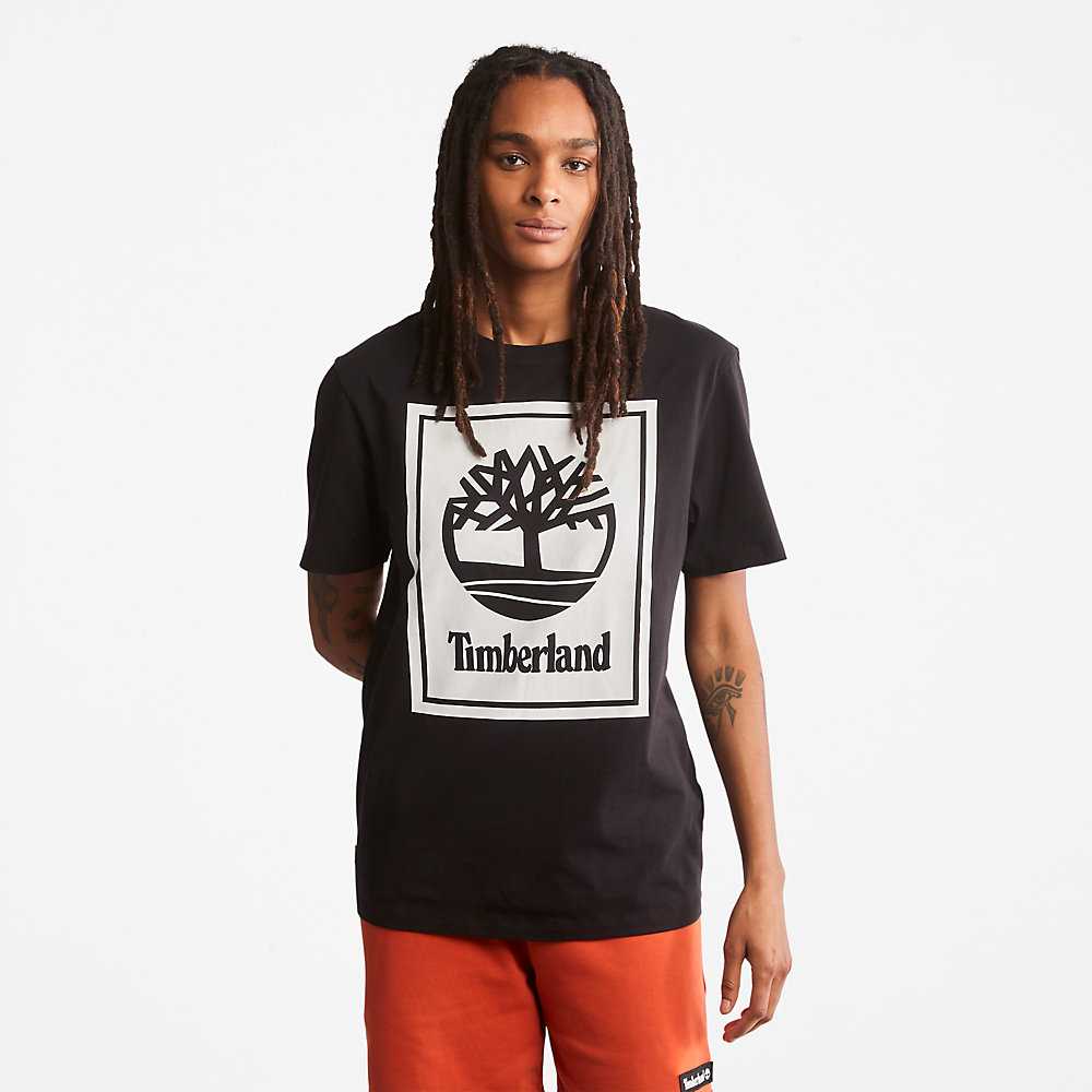 Black/White Women's Timberland Stack Logo T Shirts | Israel-8197532