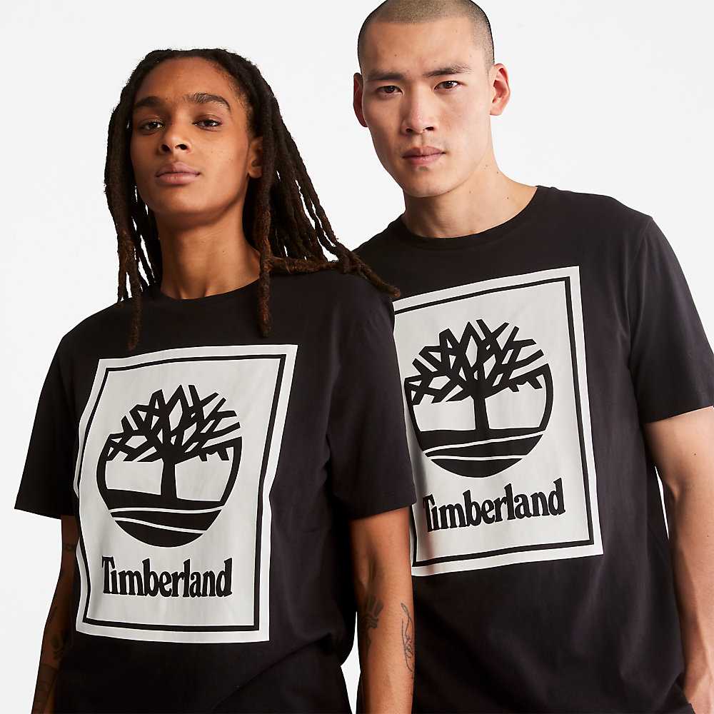 Black/White Women's Timberland Stack Logo T Shirts | Israel-8197532