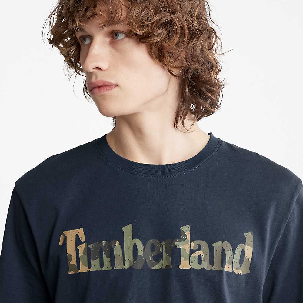 Dark Blue Men's Timberland Camo-Logo T Shirts | Israel-0438561