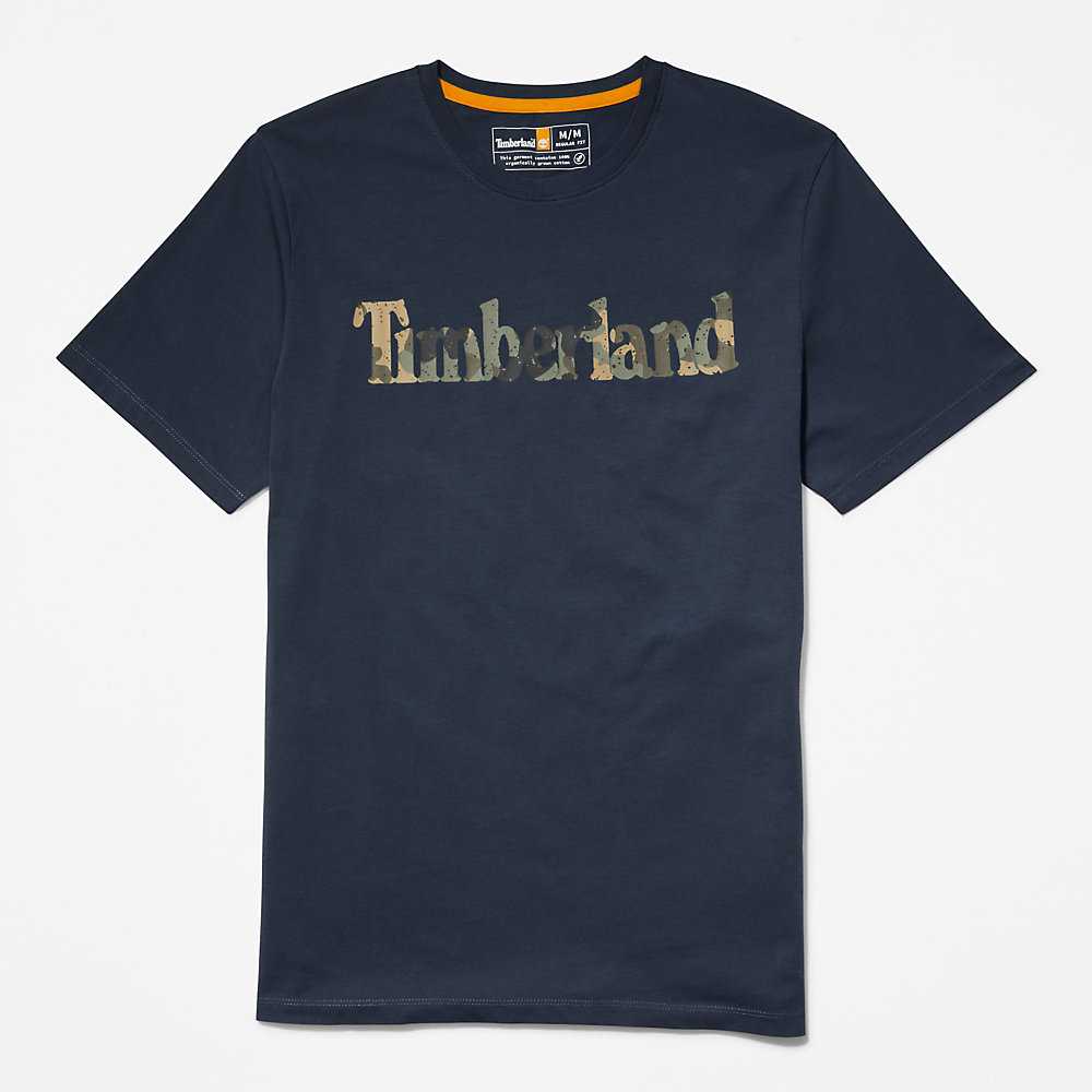 Dark Blue Men's Timberland Camo-Logo T Shirts | Israel-0438561