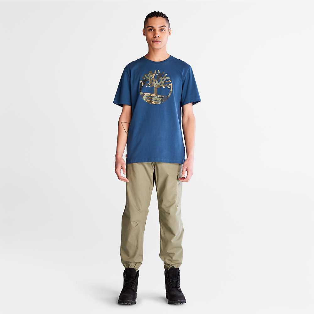 Dark Blue Men's Timberland Camo-Logo T Shirts | Israel-4691520