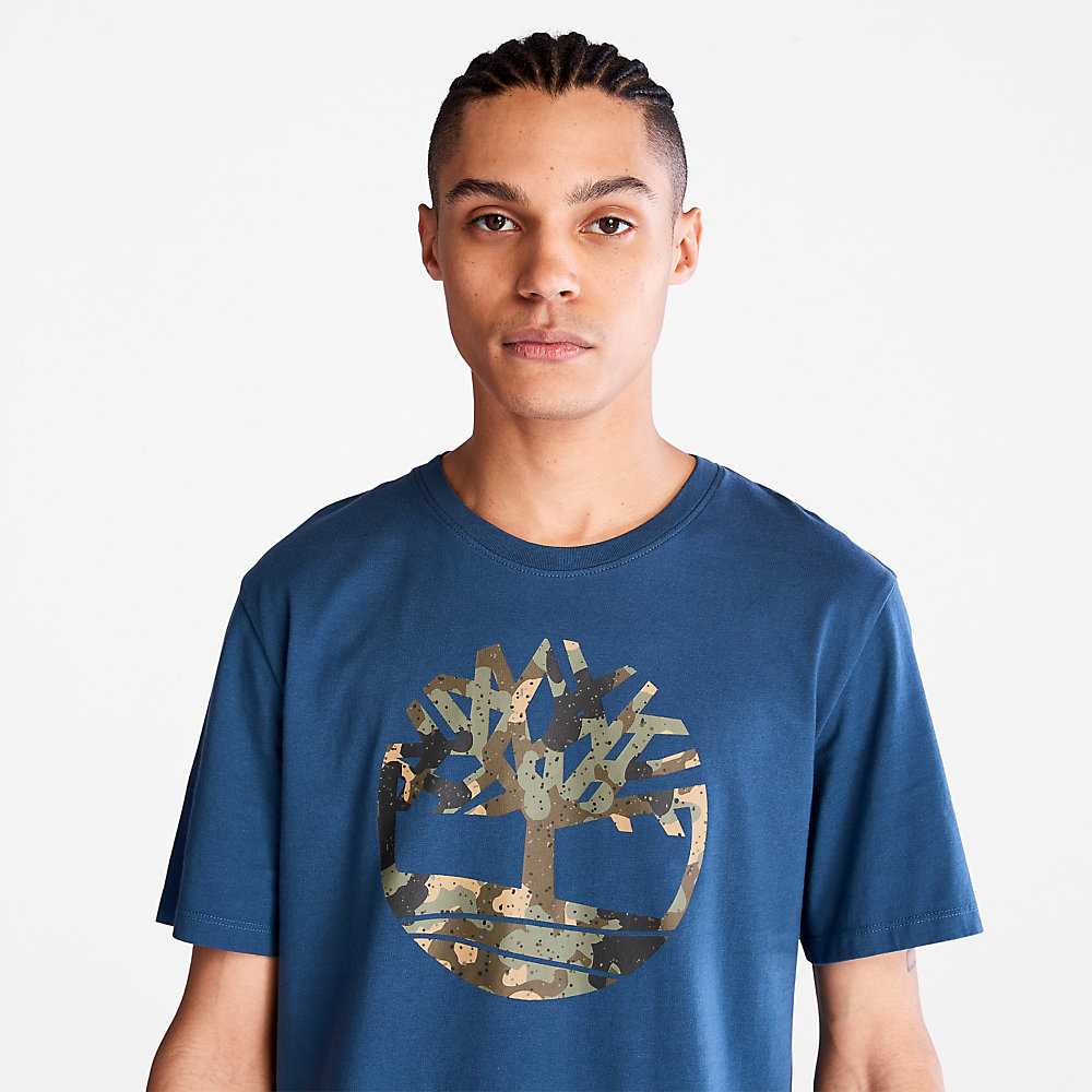 Dark Blue Men's Timberland Camo-Logo T Shirts | Israel-4691520