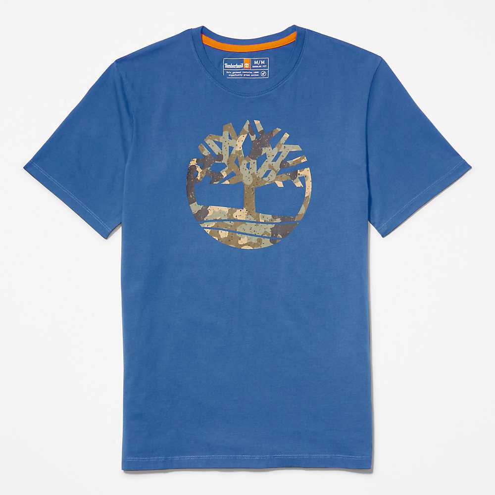 Dark Blue Men's Timberland Camo-Logo T Shirts | Israel-4691520