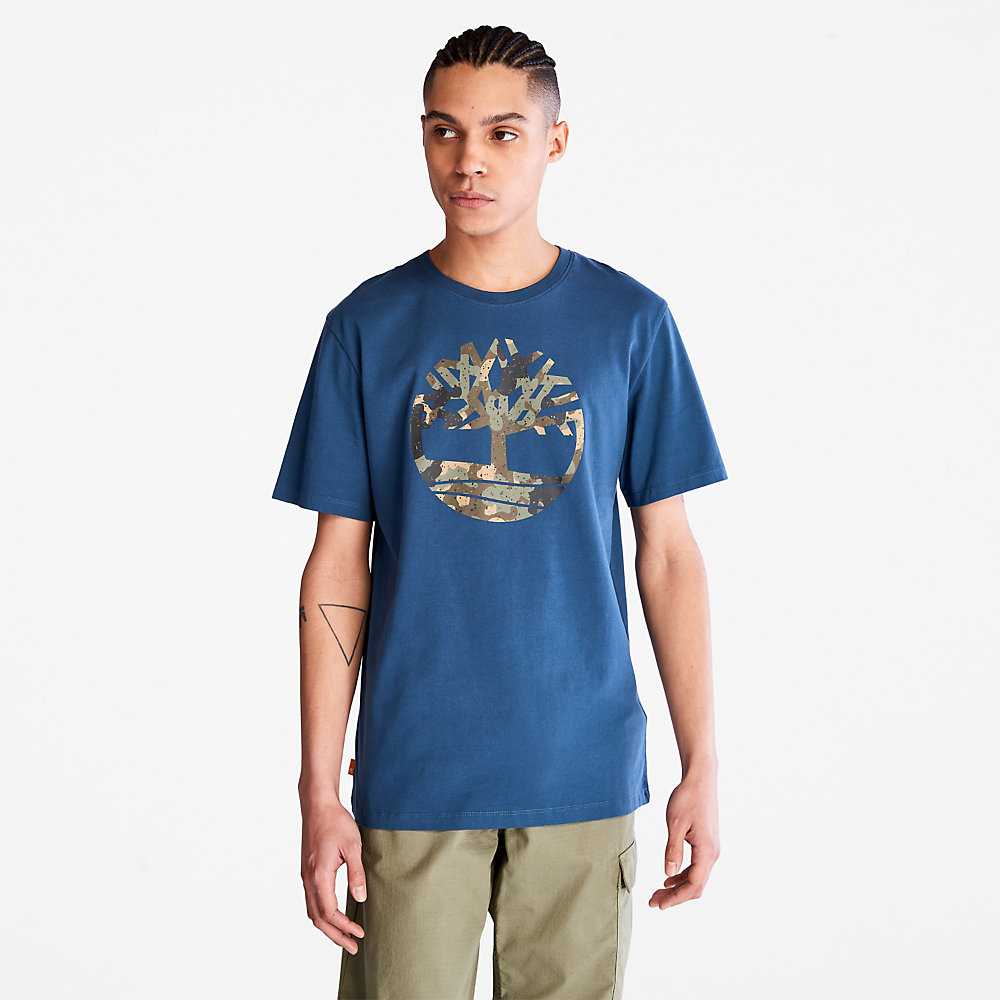 Dark Blue Men\'s Timberland Camo-Logo T Shirts | Israel-4691520