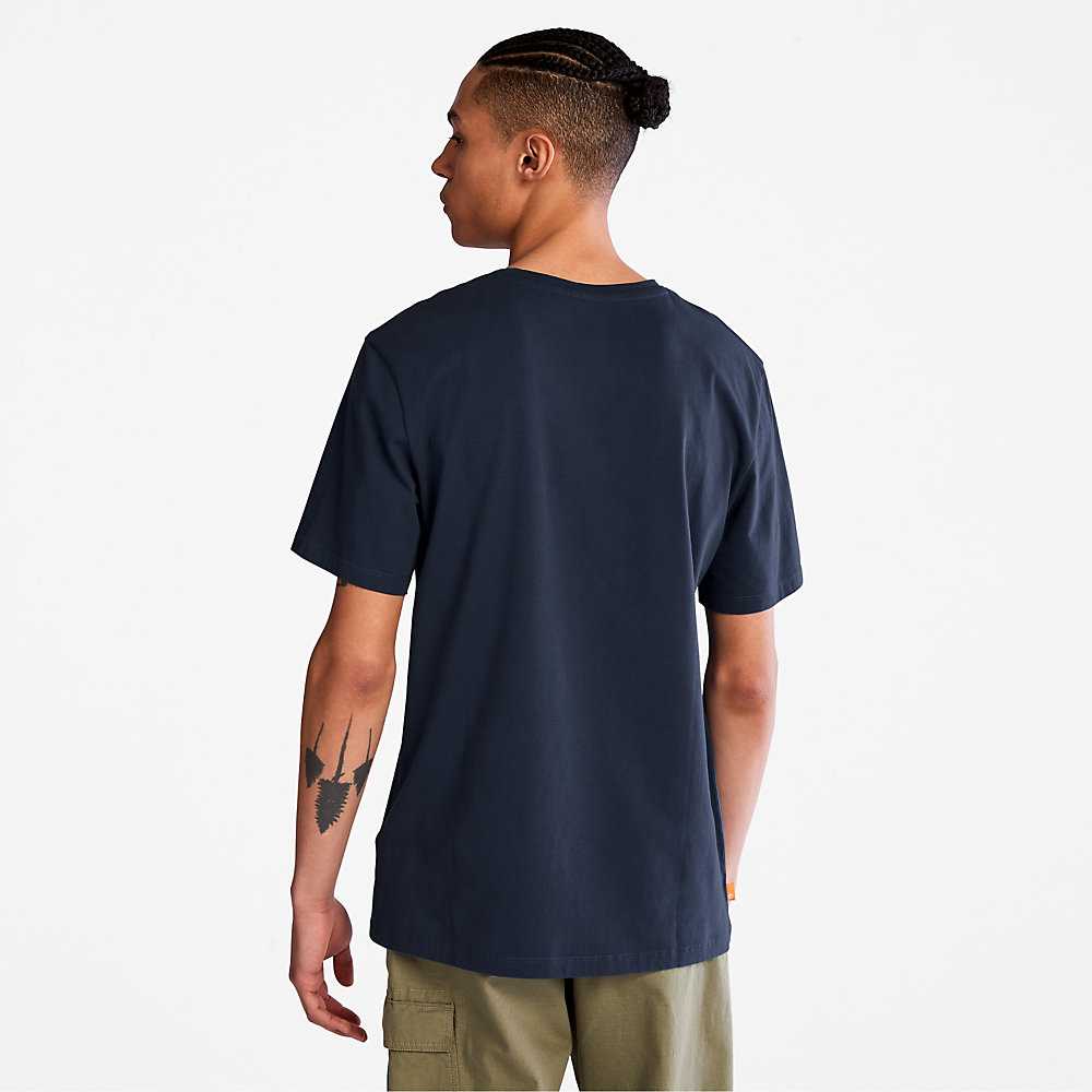 Dark Blue Men's Timberland Camo-Logo T Shirts | Israel-5398670