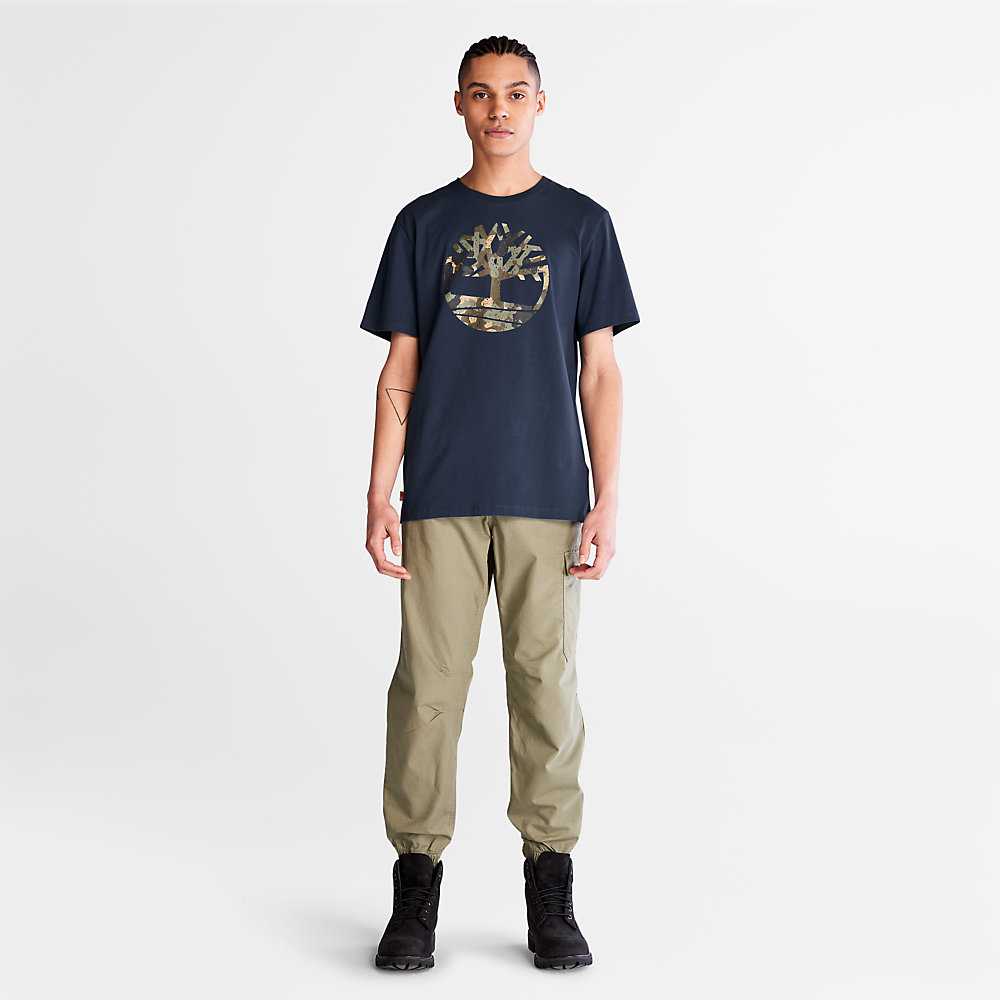 Dark Blue Men's Timberland Camo-Logo T Shirts | Israel-5398670