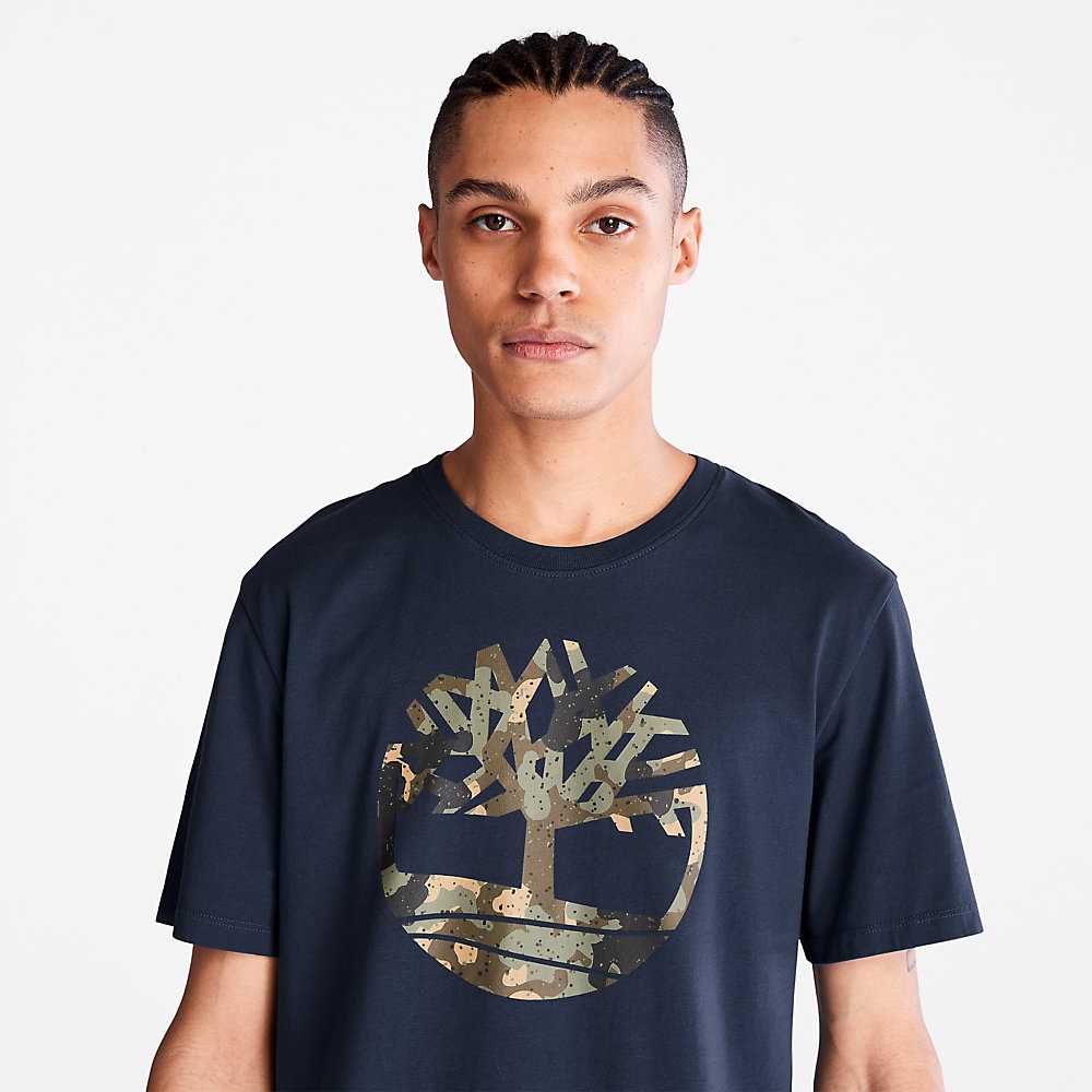 Dark Blue Men's Timberland Camo-Logo T Shirts | Israel-5398670