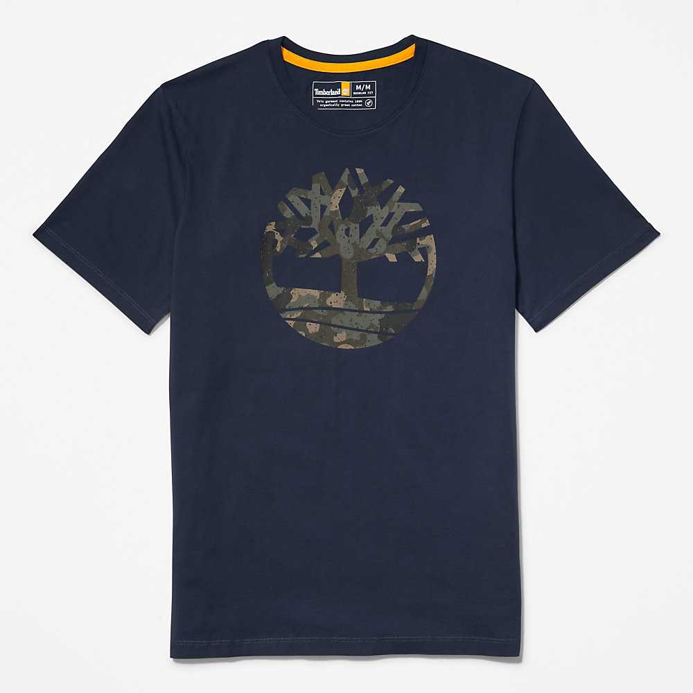 Dark Blue Men's Timberland Camo-Logo T Shirts | Israel-5398670