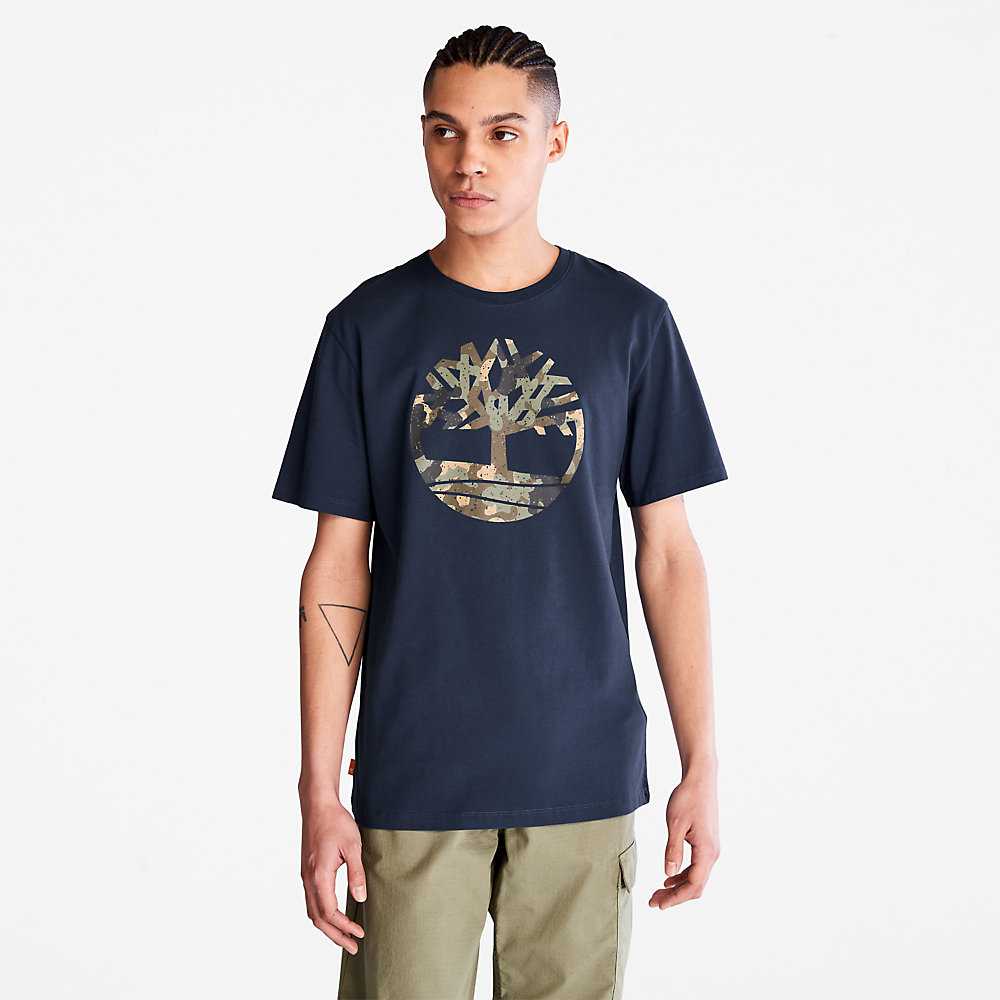 Dark Blue Men\'s Timberland Camo-Logo T Shirts | Israel-5398670