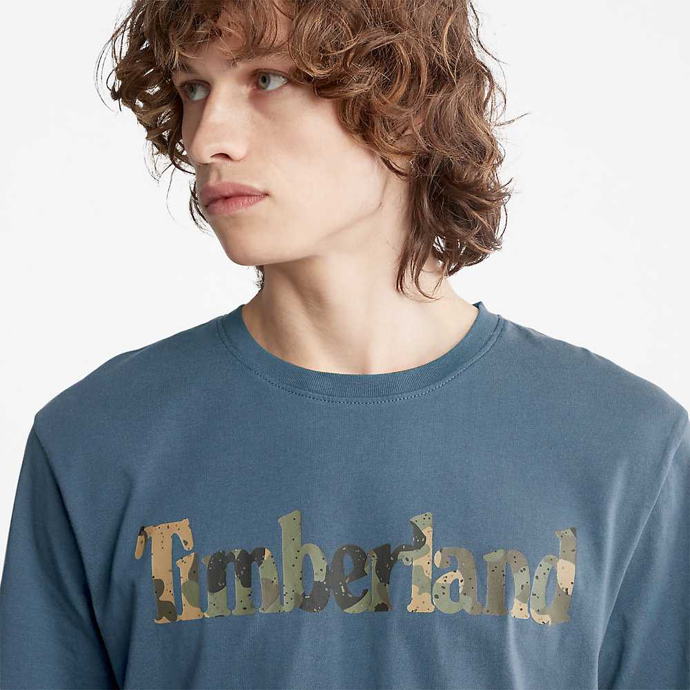 Dark Blue Men's Timberland Camo-Logo T Shirts | Israel-7263954