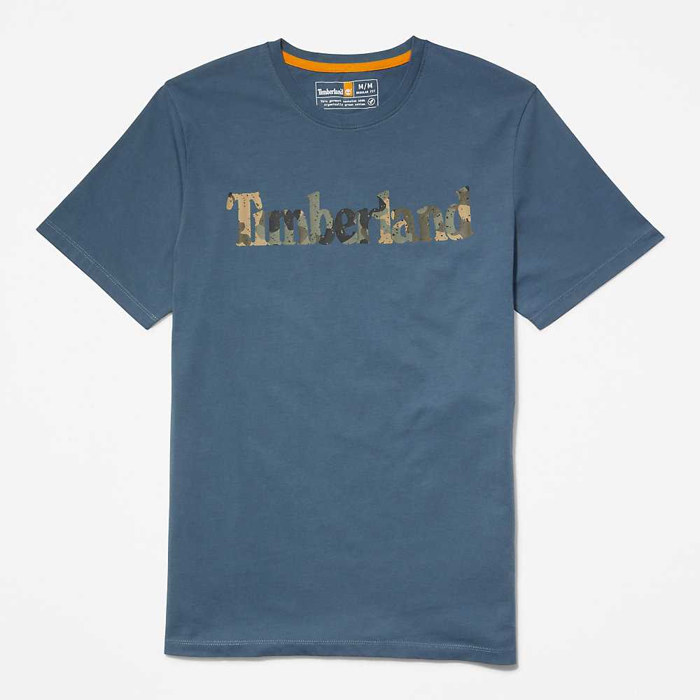 Dark Blue Men's Timberland Camo-Logo T Shirts | Israel-7263954