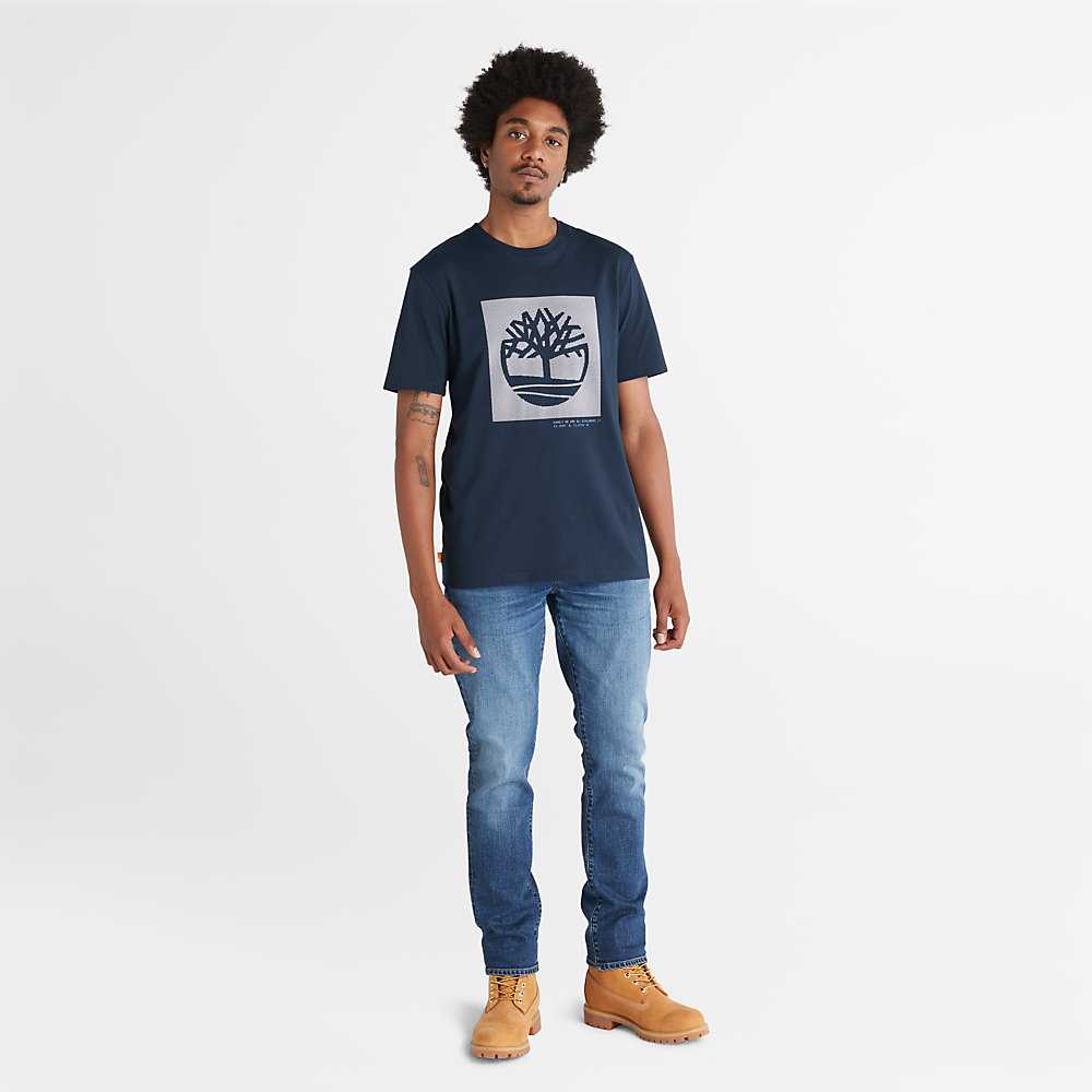 Dark Blue Men's Timberland Dotted Tree-logo T Shirts | Israel-5968217