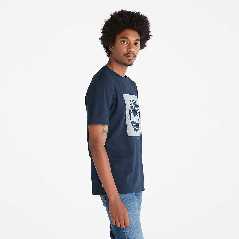 Dark Blue Men's Timberland Dotted Tree-logo T Shirts | Israel-5968217