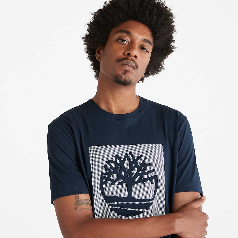 Dark Blue Men's Timberland Dotted Tree-logo T Shirts | Israel-5968217