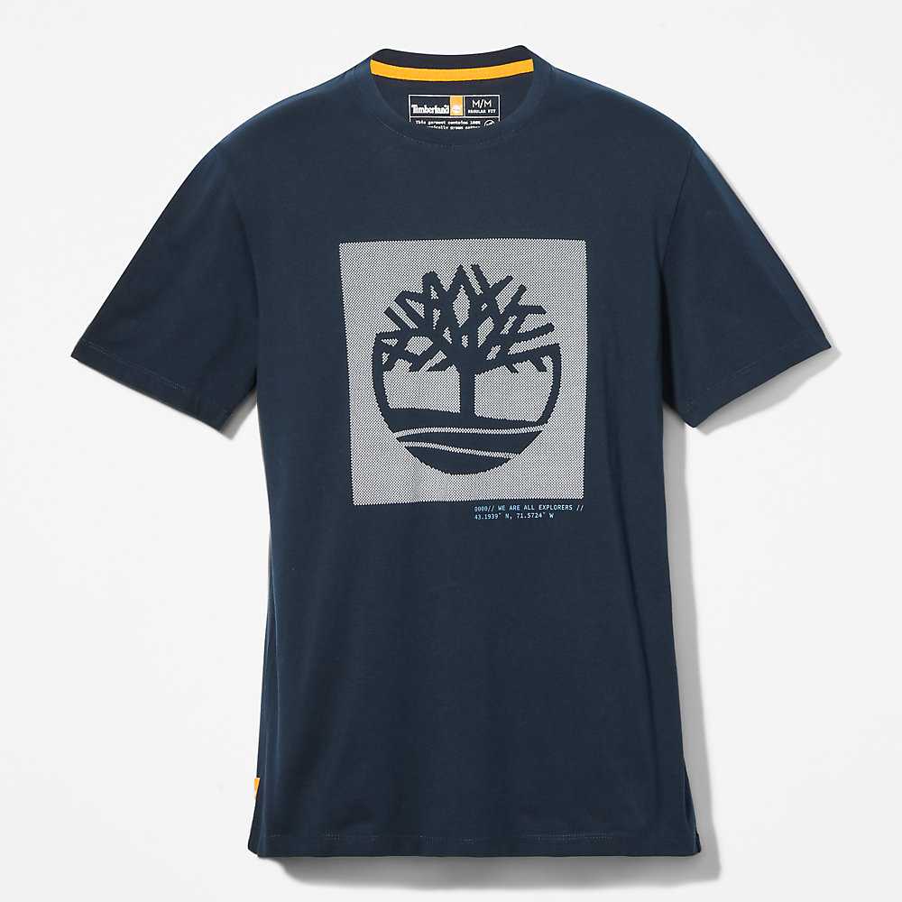 Dark Blue Men's Timberland Dotted Tree-logo T Shirts | Israel-5968217