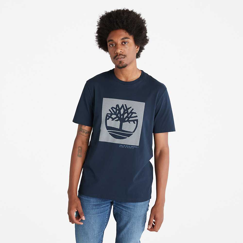 Dark Blue Men\'s Timberland Dotted Tree-logo T Shirts | Israel-5968217