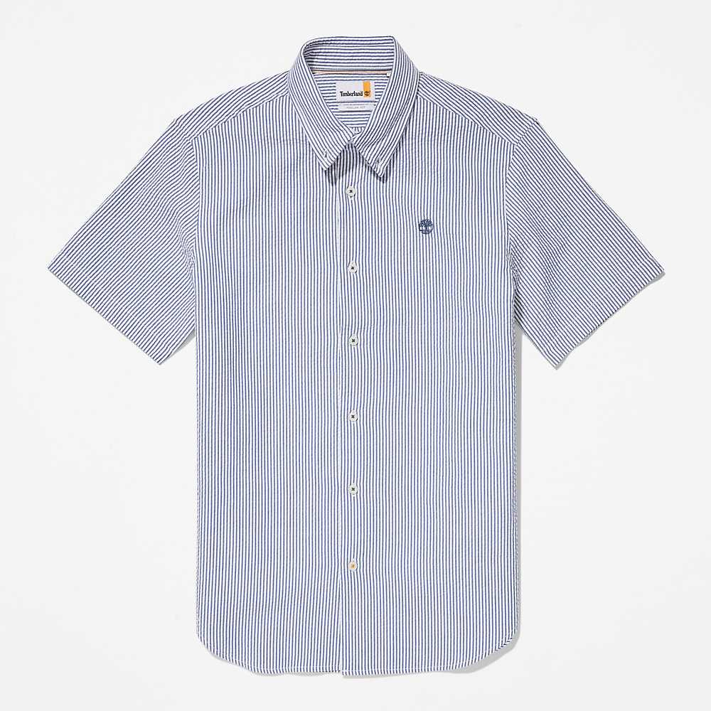 Dark Blue Men's Timberland Seersucker Shirts | Israel-7302918