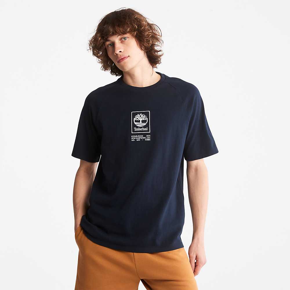 Dark Blue Men's Timberland Stack Logo T Shirts | Israel-5063184