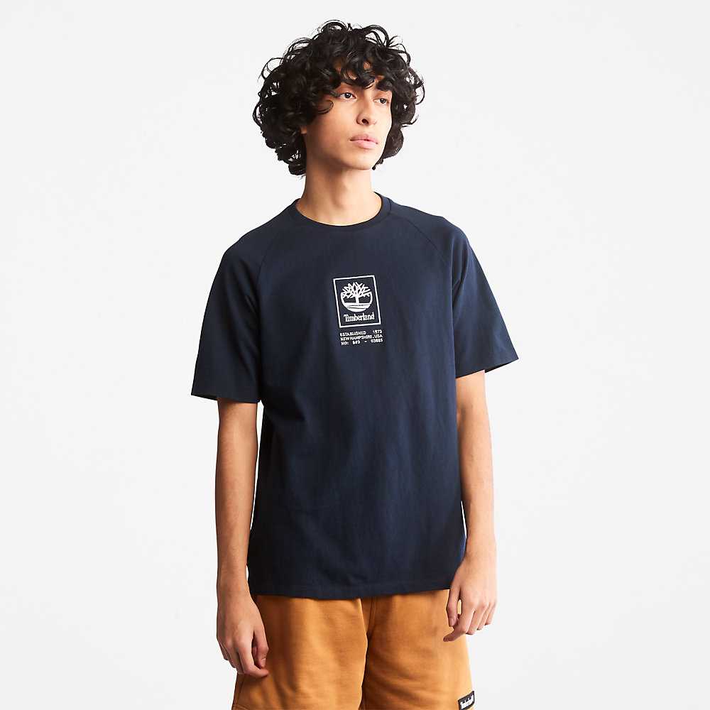 Dark Blue Men's Timberland Stack Logo T Shirts | Israel-5063184