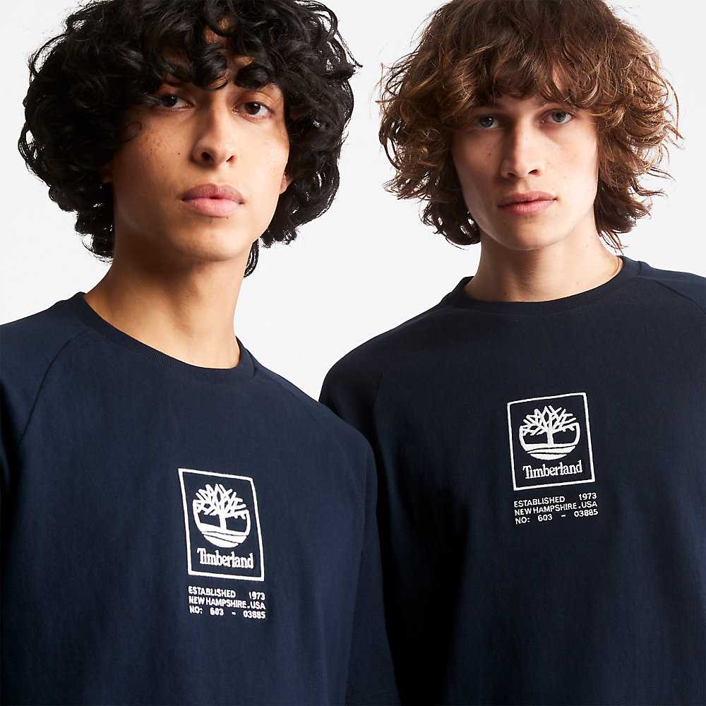 Dark Blue Men's Timberland Stack Logo T Shirts | Israel-5063184