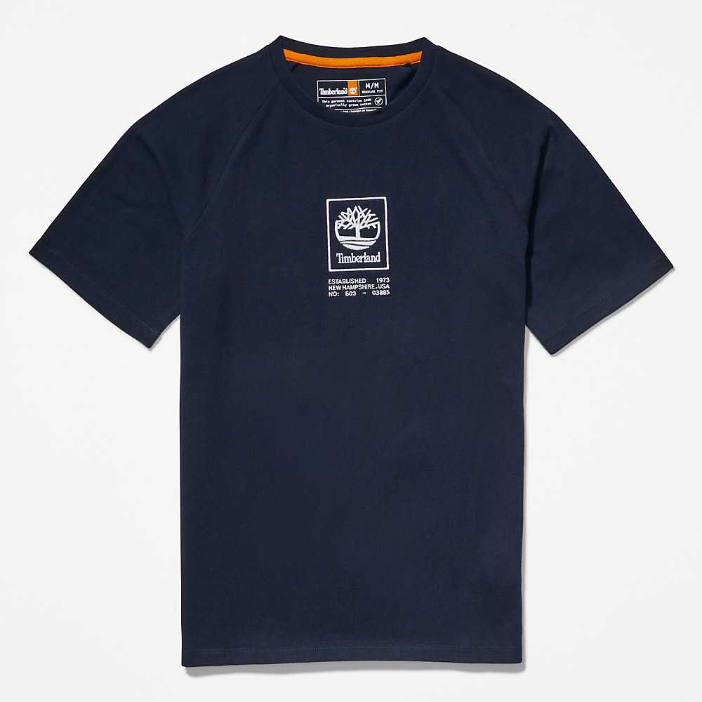 Dark Blue Men's Timberland Stack Logo T Shirts | Israel-5063184