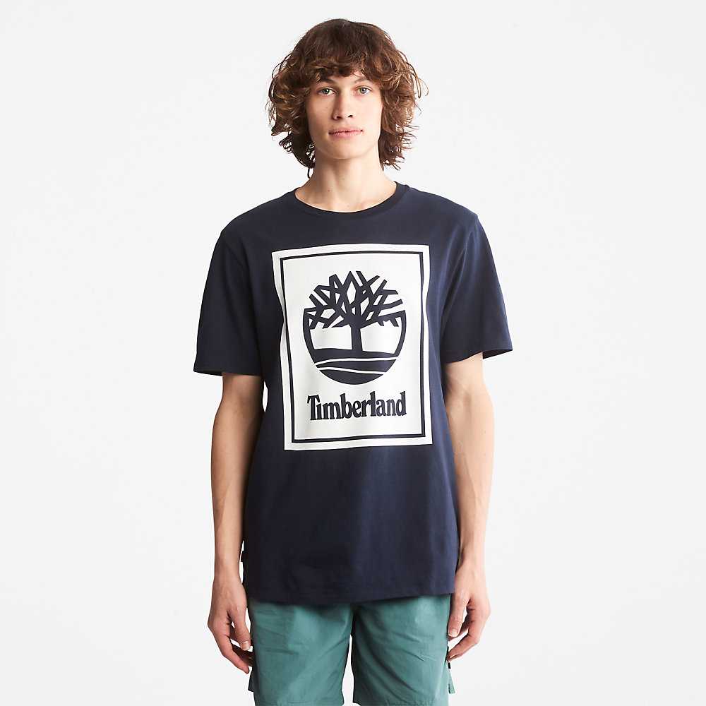 Dark Blue Men's Timberland Tree Logo T Shirts | Israel-7096132