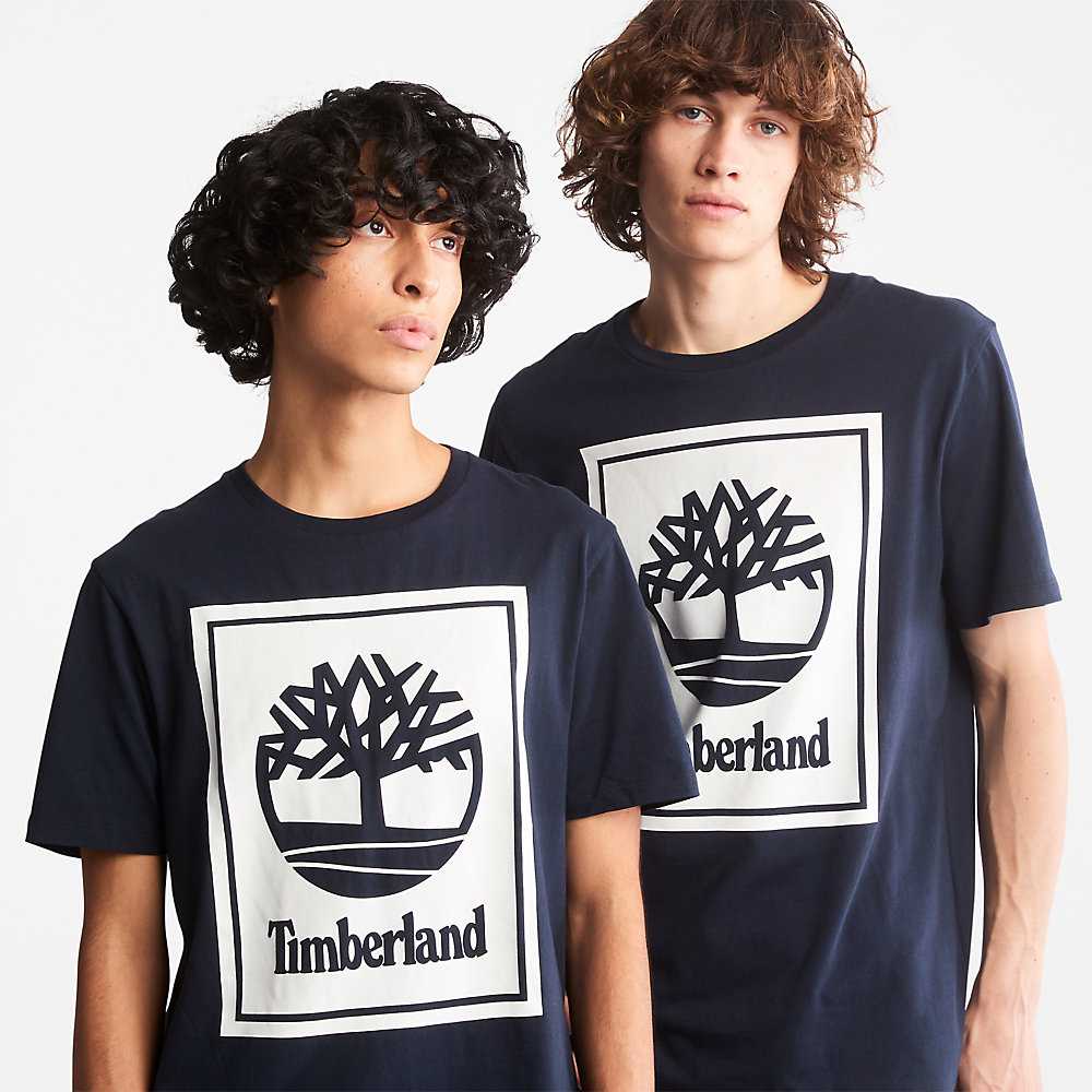 Dark Blue Men's Timberland Tree Logo T Shirts | Israel-7096132