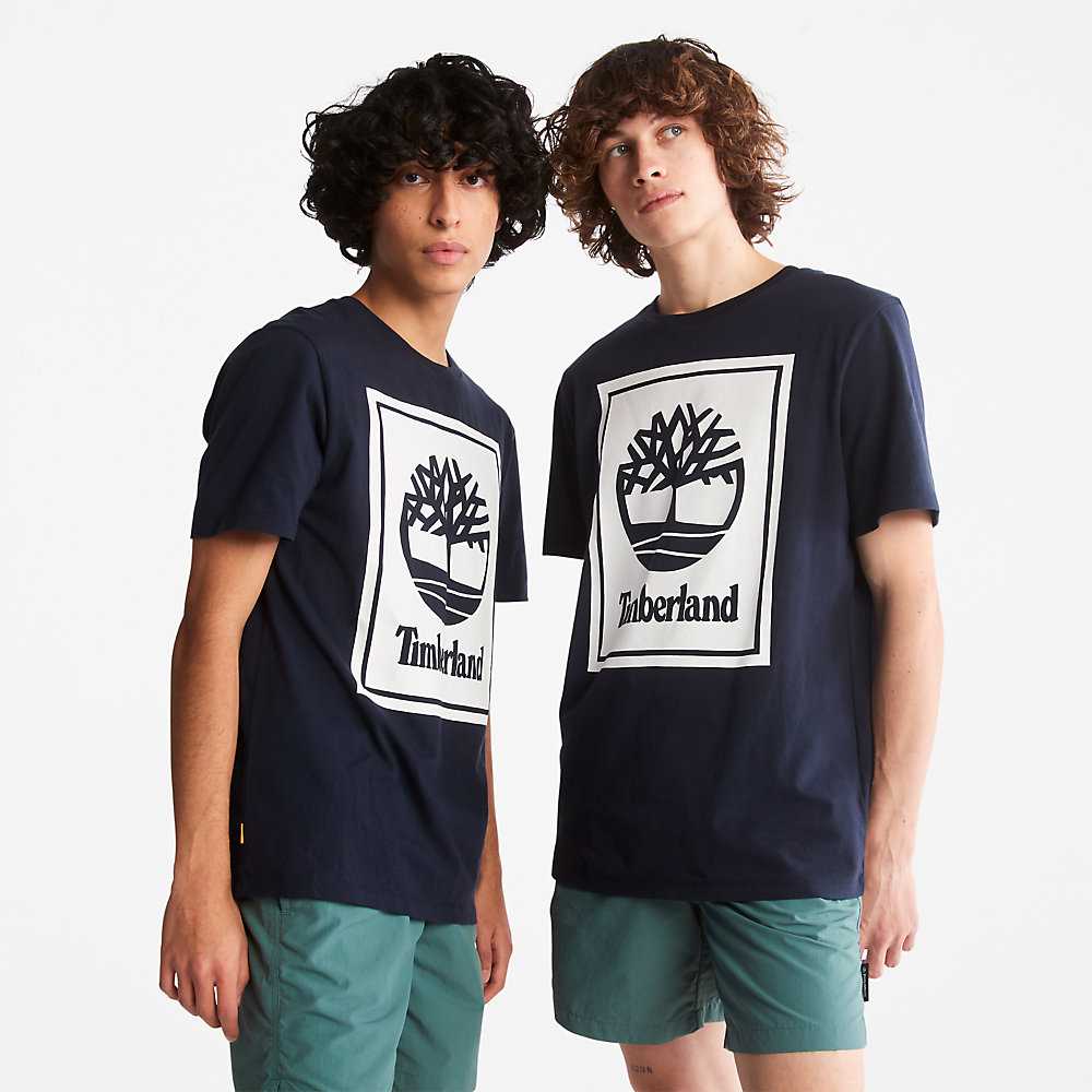 Dark Blue Men\'s Timberland Tree Logo T Shirts | Israel-7096132