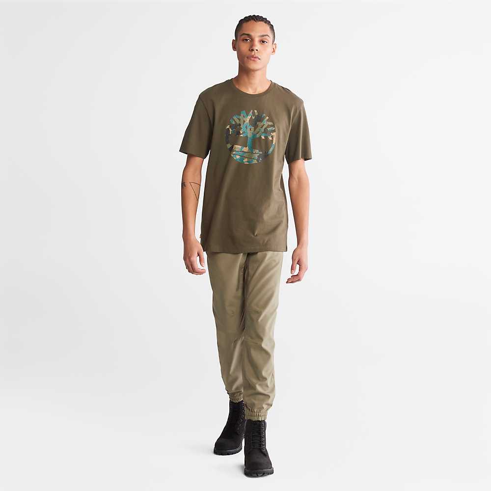 Dark Green Men's Timberland Camo-Logo T Shirts | Israel-8203679