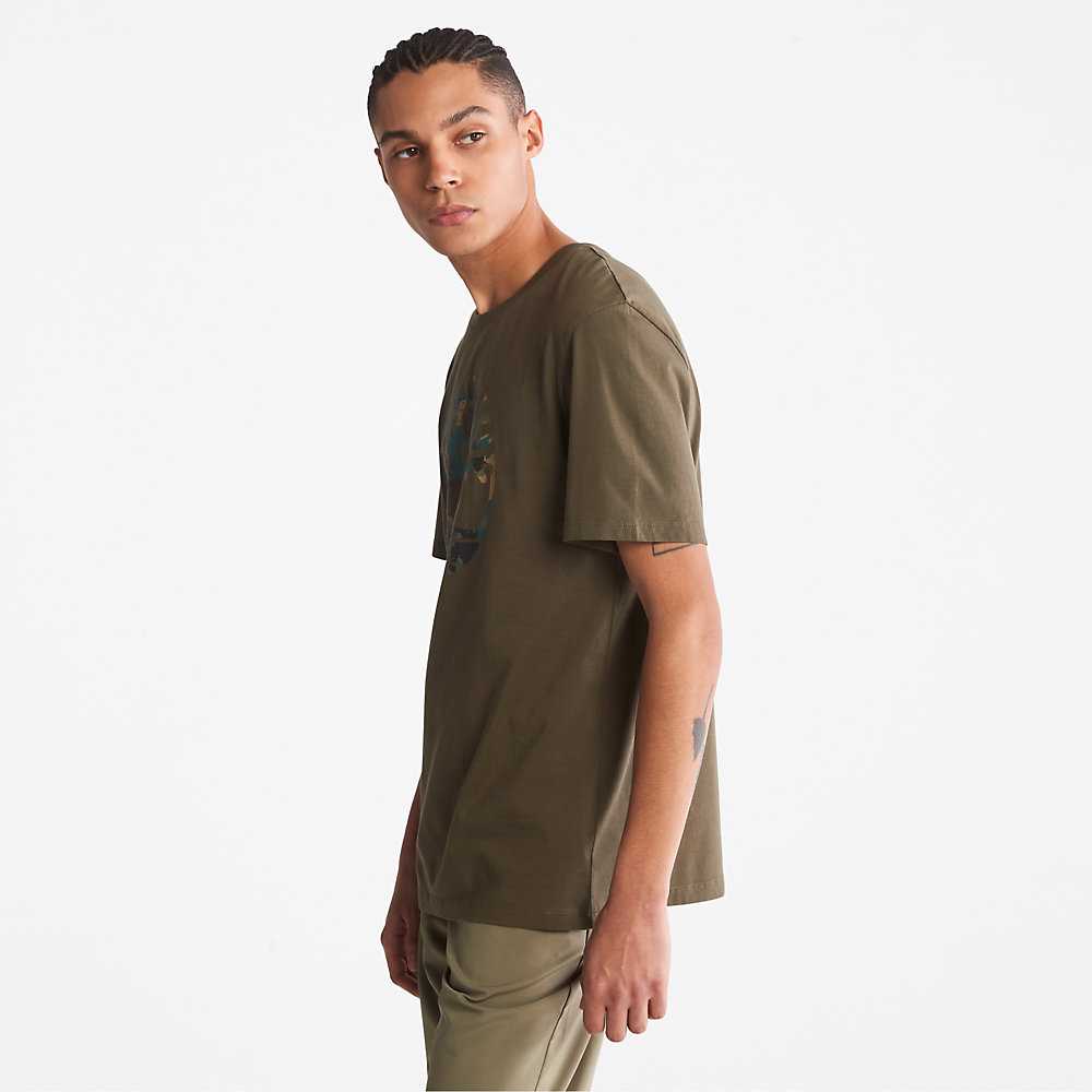 Dark Green Men's Timberland Camo-Logo T Shirts | Israel-8203679