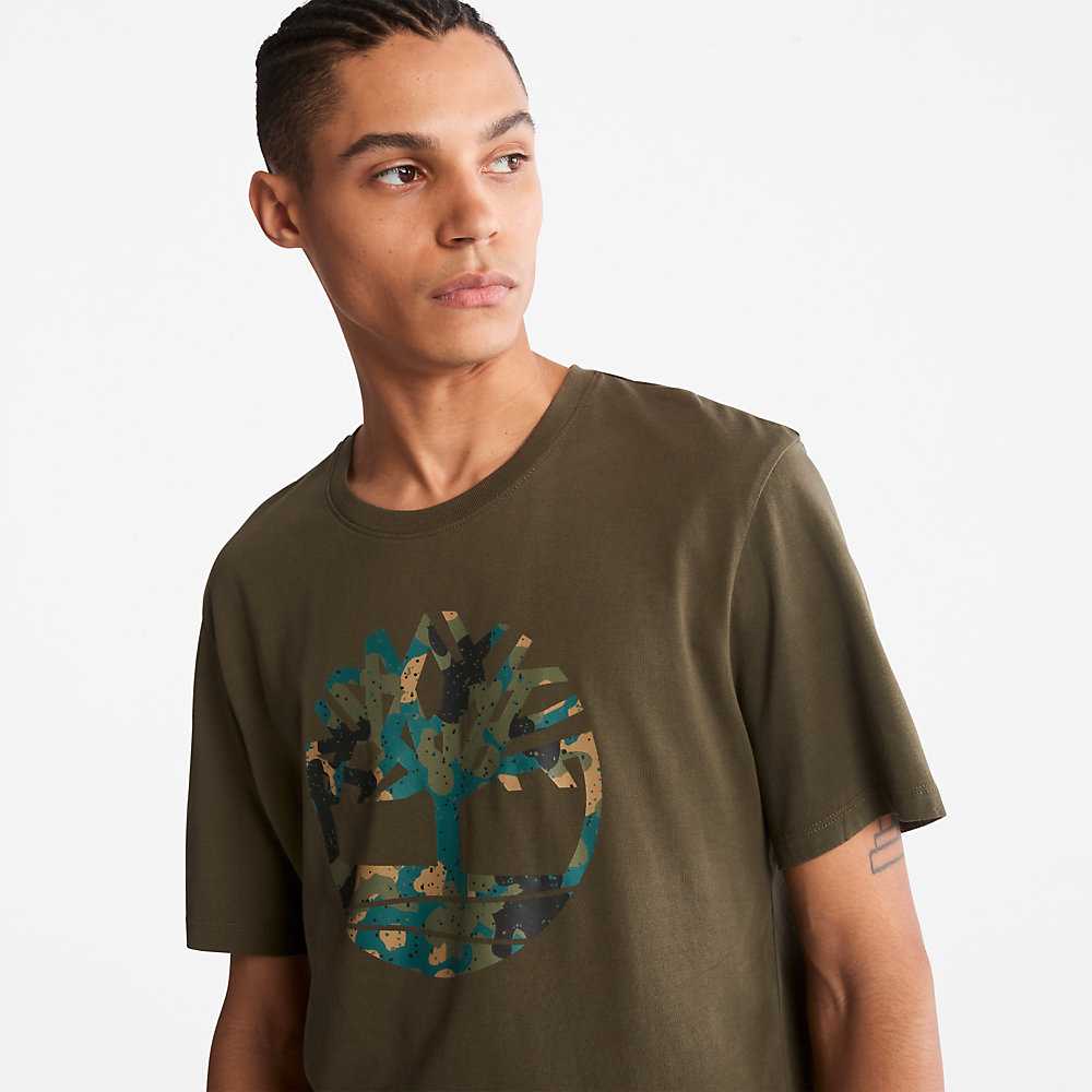 Dark Green Men's Timberland Camo-Logo T Shirts | Israel-8203679