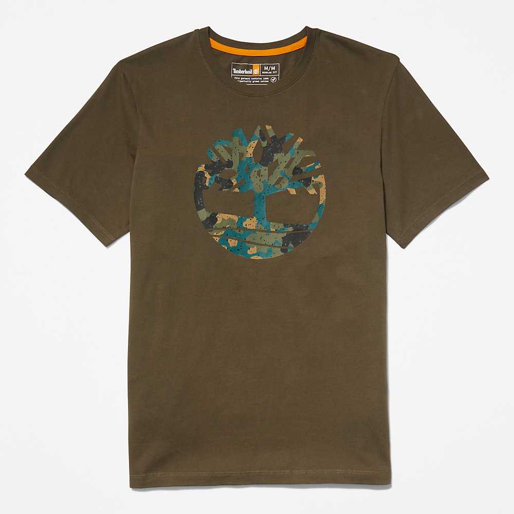 Dark Green Men's Timberland Camo-Logo T Shirts | Israel-8203679