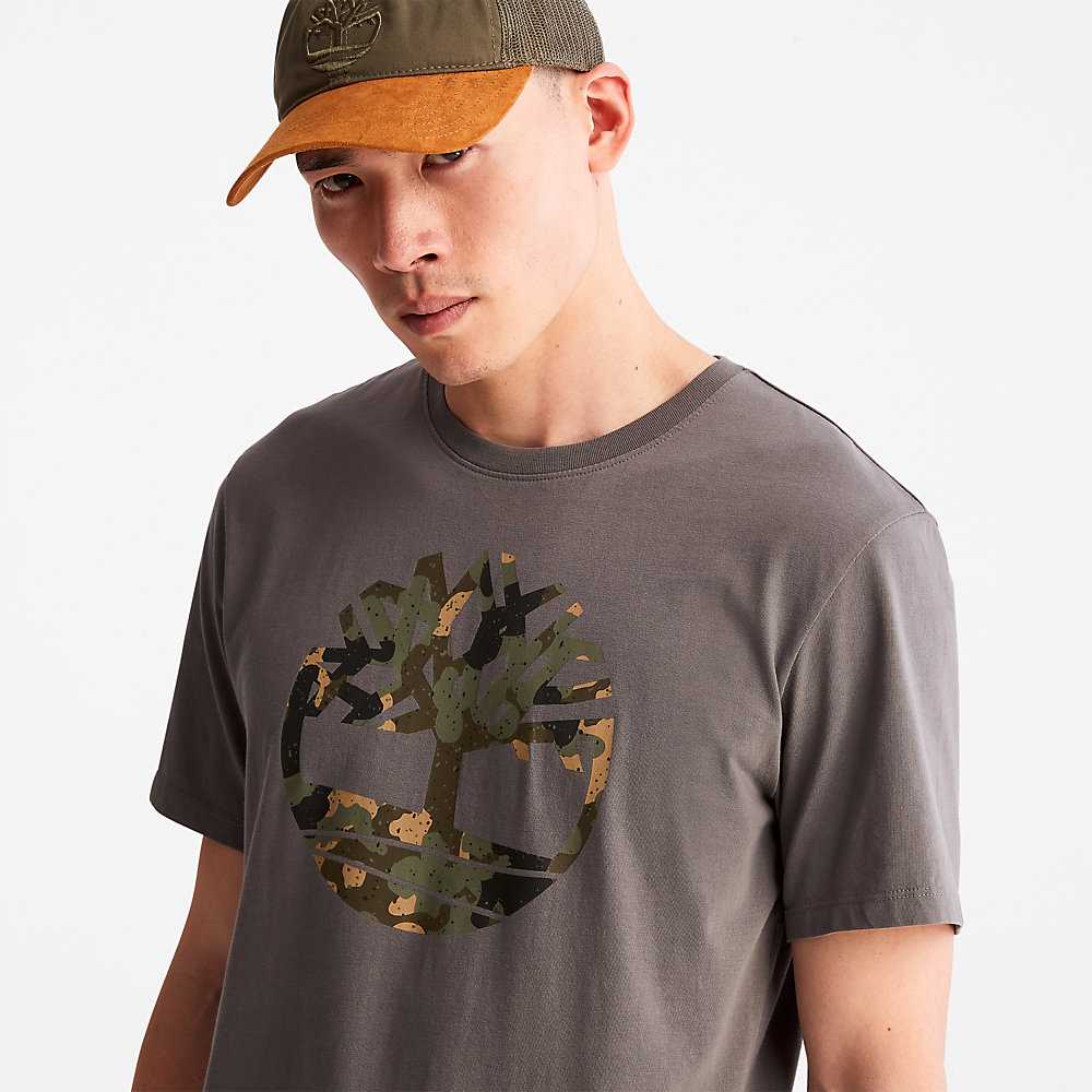 Grey Men's Timberland Camo-Logo T Shirts | Israel-0648735