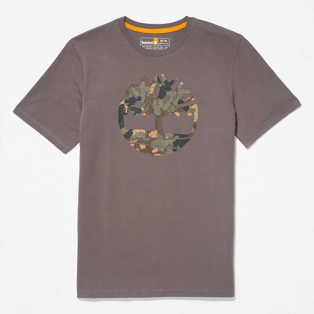 Grey Men's Timberland Camo-Logo T Shirts | Israel-0648735