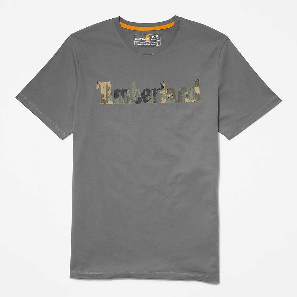 Grey Men's Timberland Camo-Logo T Shirts | Israel-9640138