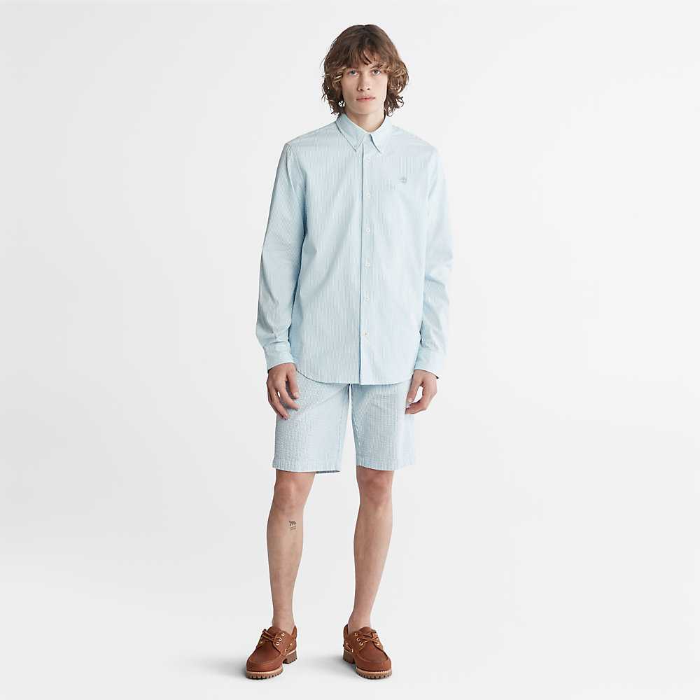 Light Blue Men's Timberland Striped Seersucker Shirts | Israel-7816035