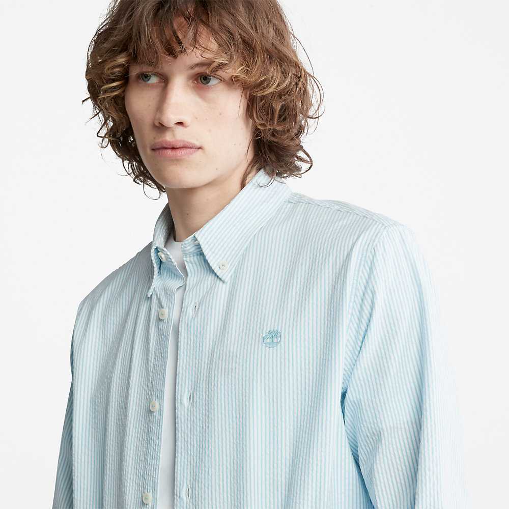 Light Blue Men's Timberland Striped Seersucker Shirts | Israel-7816035