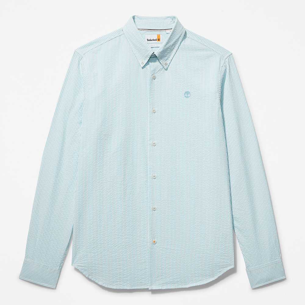 Light Blue Men's Timberland Striped Seersucker Shirts | Israel-7816035