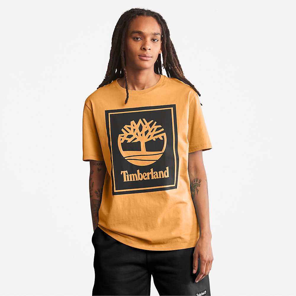 Orange/Black Women's Timberland Stack Logo T Shirts | Israel-0251349