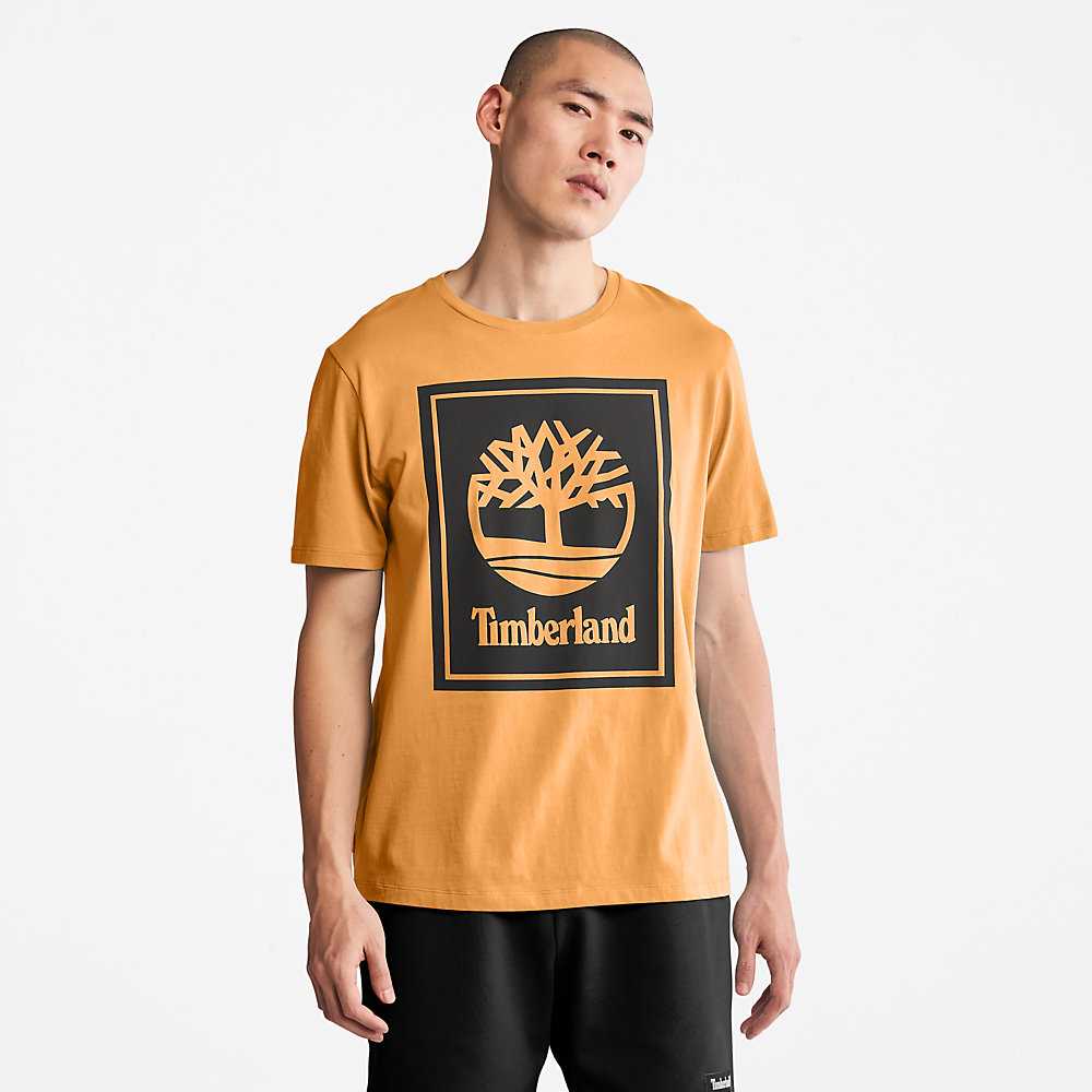 Orange/Black Women's Timberland Stack Logo T Shirts | Israel-0251349