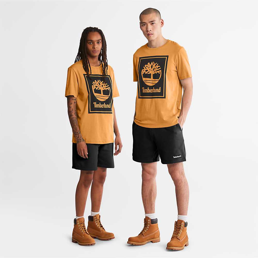 Orange/Black Women's Timberland Stack Logo T Shirts | Israel-0251349