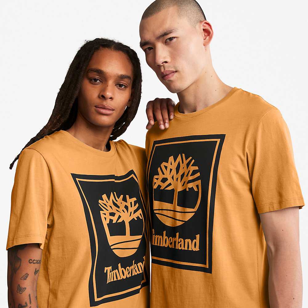 Orange/Black Women's Timberland Stack Logo T Shirts | Israel-0251349