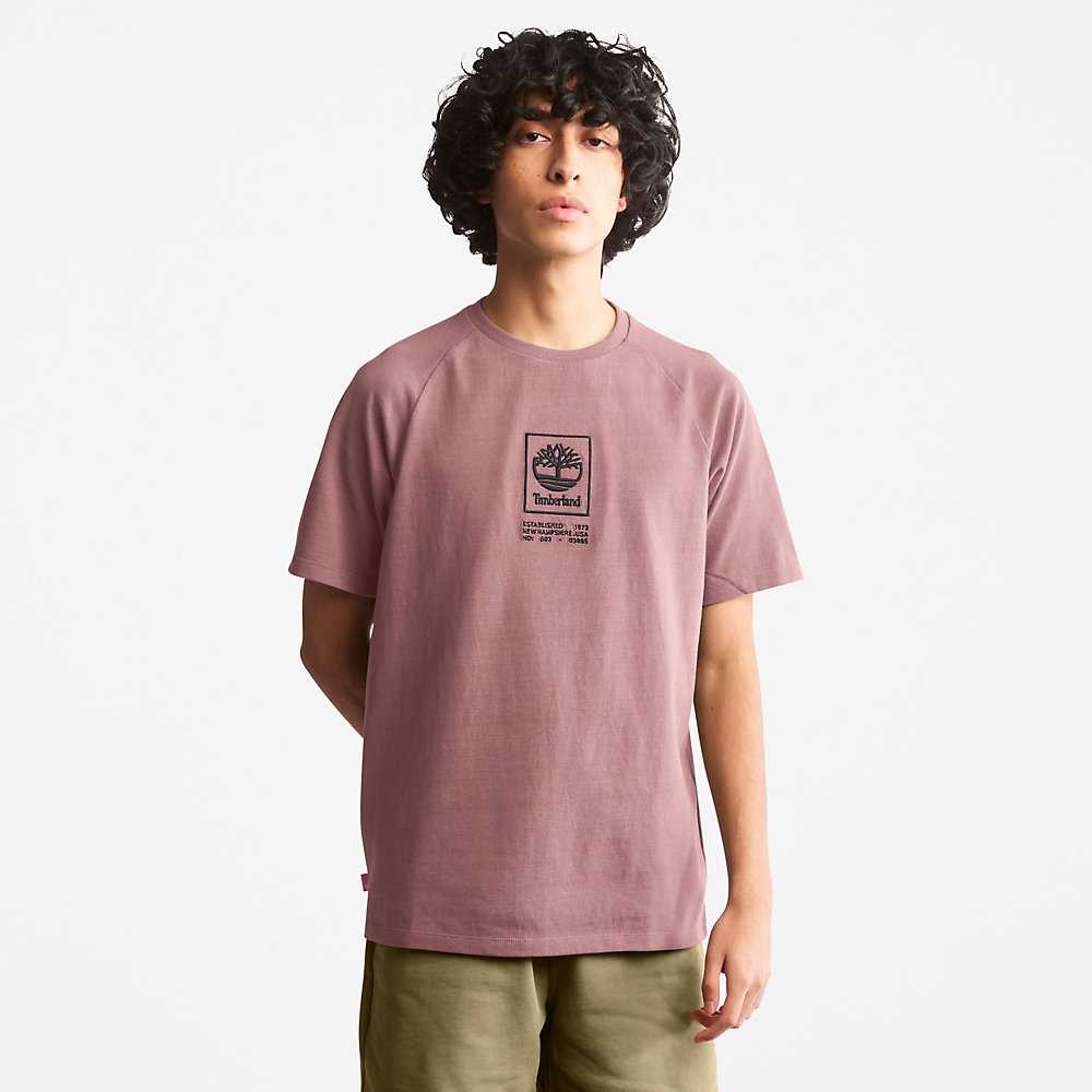 Pink Men's Timberland Stack Logo T Shirts | Israel-4718025