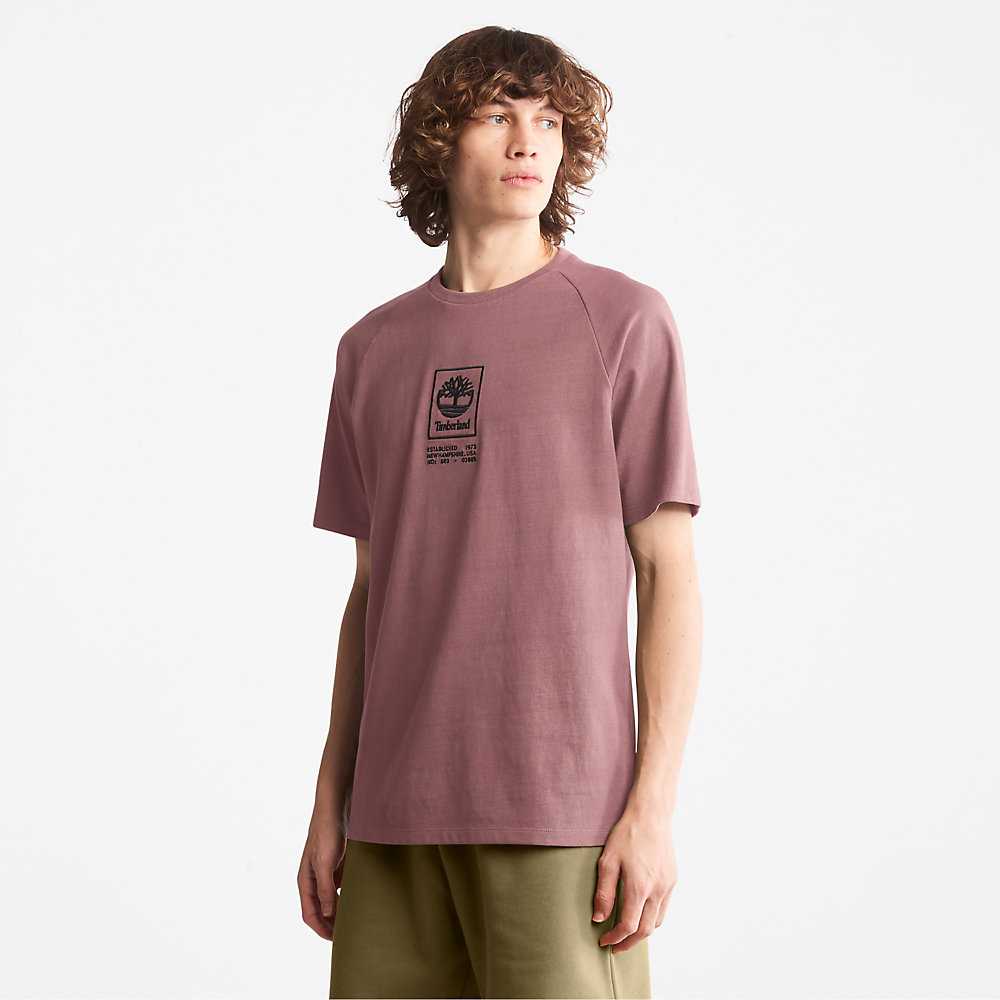 Pink Men's Timberland Stack Logo T Shirts | Israel-4718025