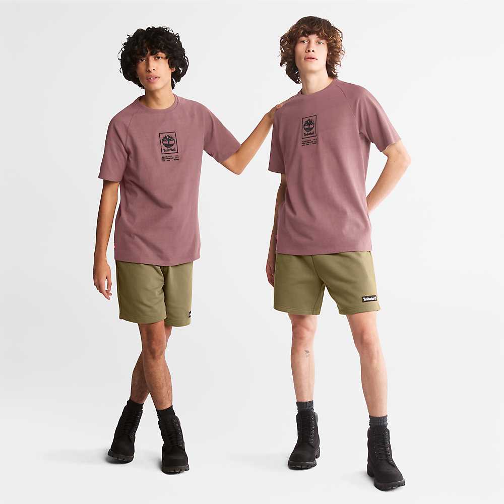 Pink Men's Timberland Stack Logo T Shirts | Israel-4718025